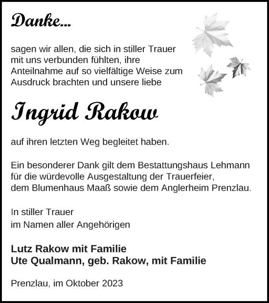 Traueranzeige von Ingrid Rakow von Prenzlauer Zeitung