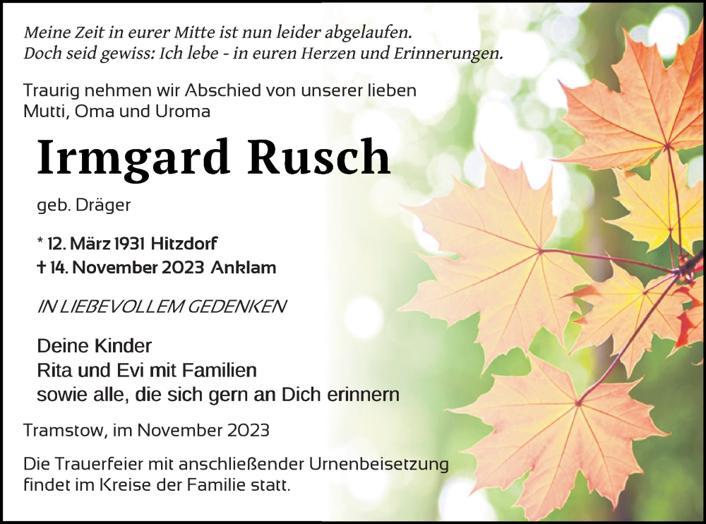 Traueranzeige für Irmgard Rusch vom 18.11.2023 aus Vorpommern Kurier
