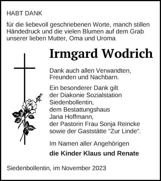 Traueranzeige von Irmgard Wodrich von Neubrandenburger Zeitung