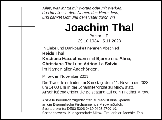 Traueranzeige von Joachim Thal von Müritz-Zeitung