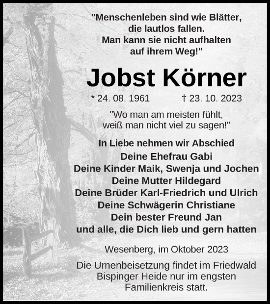 Traueranzeige von Jobst Körner von Strelitzer Zeitung