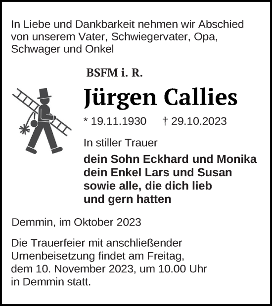 Traueranzeige von Jürgen Callies von Demminer Zeitung