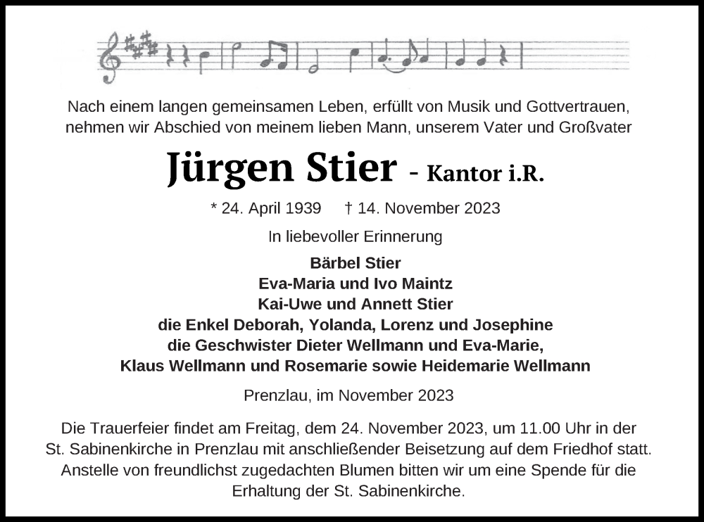  Traueranzeige für Jürgen Stier vom 18.11.2023 aus Prenzlauer Zeitung