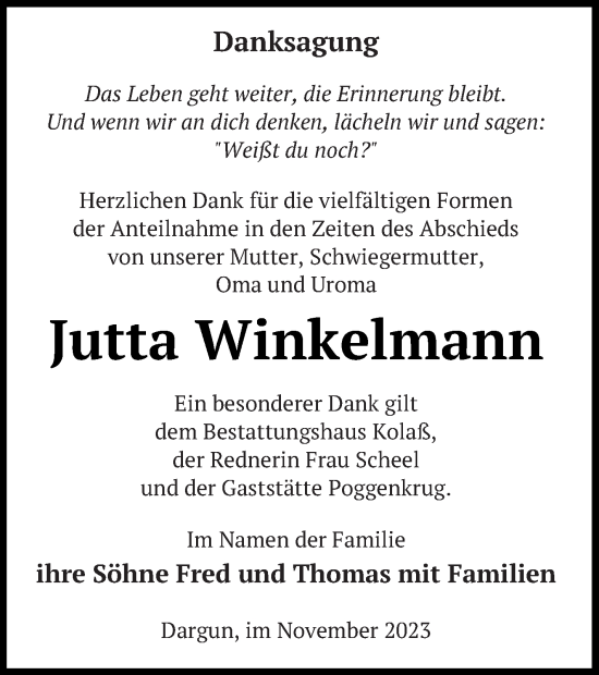 Traueranzeige von Jutta Winkelmann von Mecklenburger Schweiz