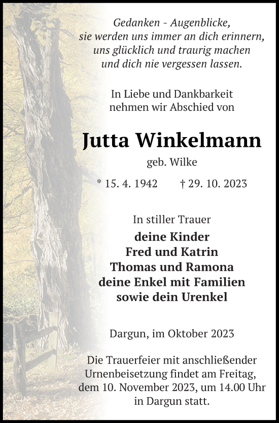 Traueranzeige von Jutta Winkelmann von Mecklenburger Schweiz