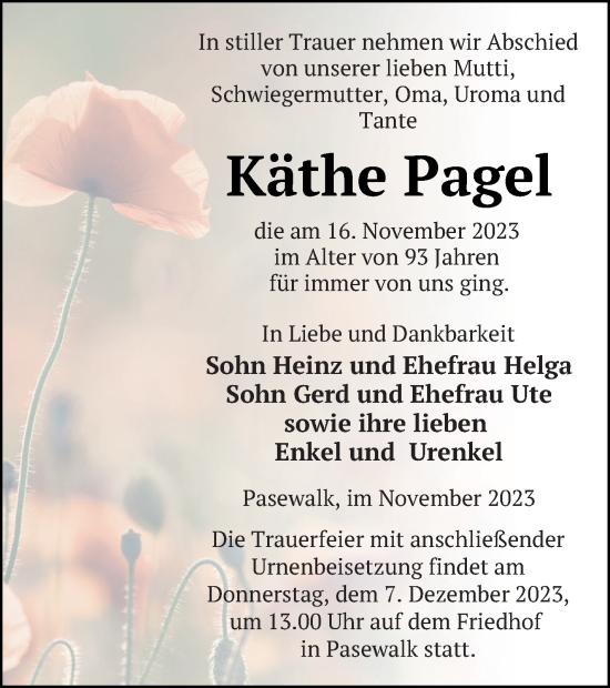 Traueranzeige von Käthe Pagel von Pasewalker Zeitung