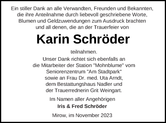 Traueranzeige von Karin Schröder von Strelitzer Zeitung