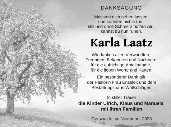 Traueranzeige von Karla Laatz von Templiner Zeitung