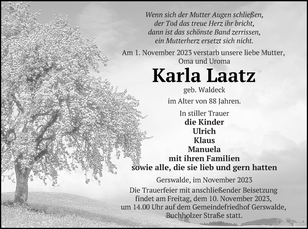  Traueranzeige für Karla Laatz vom 04.11.2023 aus Templiner Zeitung