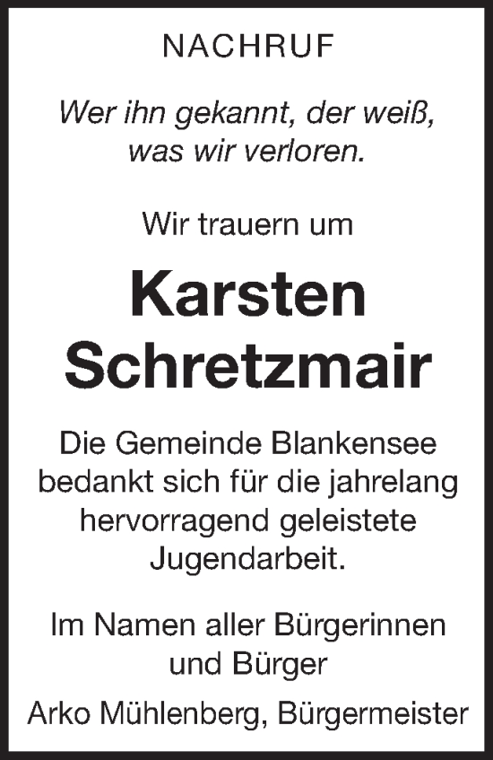 Traueranzeige von Karsten Schretzmair von Strelitzer Zeitung