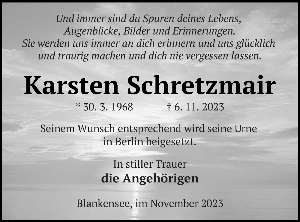  Traueranzeige für Karsten Schretzmair vom 11.11.2023 aus Strelitzer Zeitung