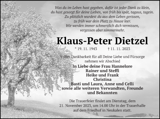 Traueranzeige von Klaus-Dieter Dietzel von Mecklenburger Schweiz