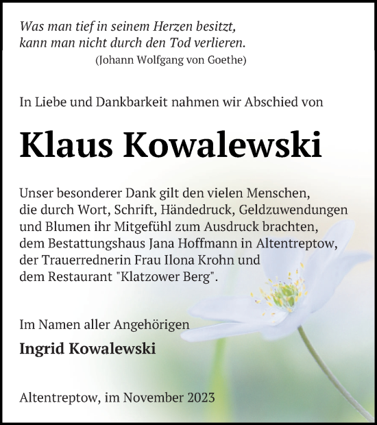 Traueranzeige von Klaus Kowalewski von Neubrandenburger Zeitung