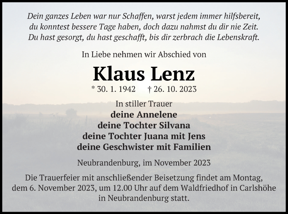  Traueranzeige für Klaus Lenz vom 03.11.2023 aus Haff-Zeitung