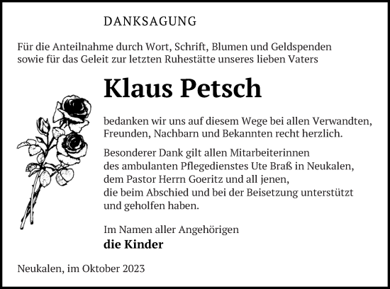 Traueranzeige von Klaus Petsch von Mecklenburger Schweiz