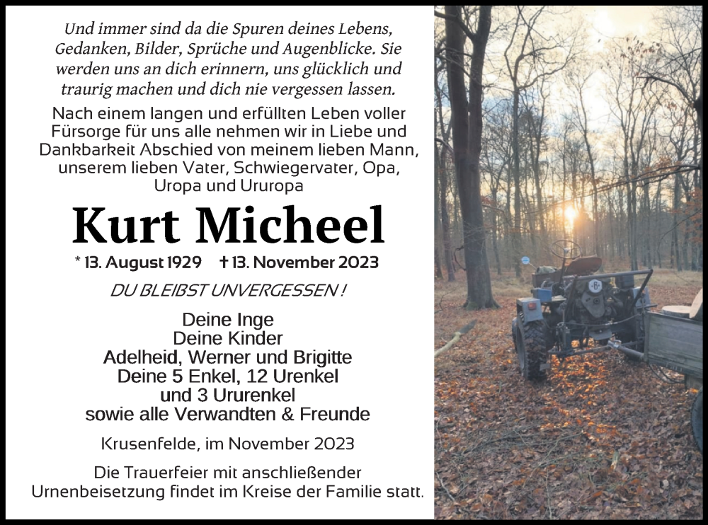  Traueranzeige für Kurt Micheel vom 18.11.2023 aus Vorpommern Kurier