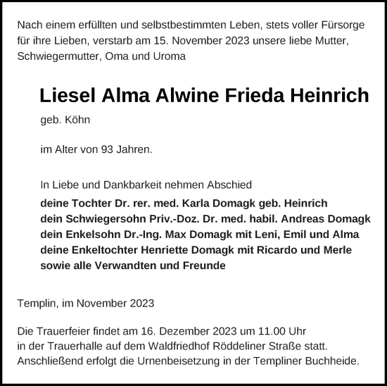 Traueranzeige von Liesel Alma Alwine Frieda Heinrich von Templiner Zeitung