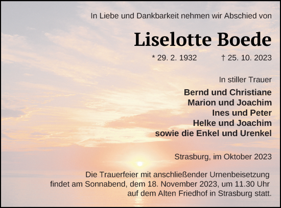 Traueranzeige von Liselotte Boede von Pasewalker Zeitung