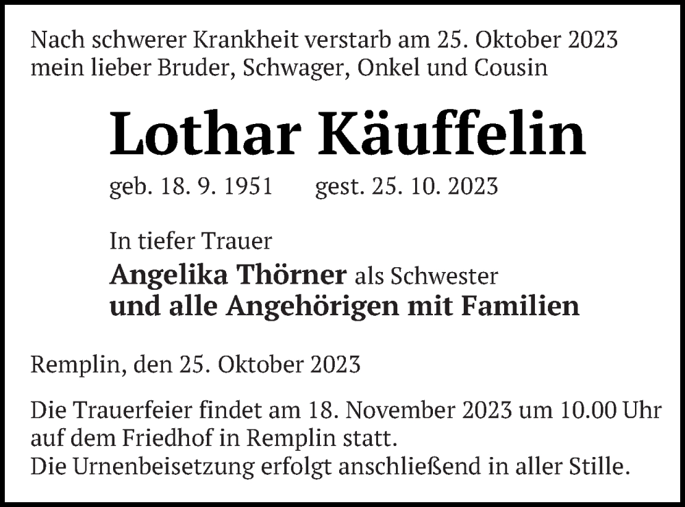  Traueranzeige für Lothar Käuffelin vom 08.11.2023 aus Mecklenburger Schweiz