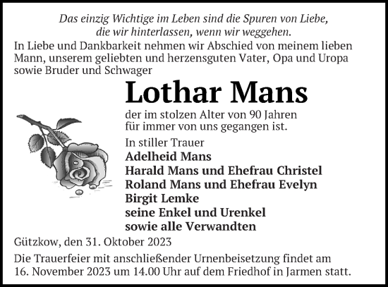 Traueranzeige von Lothar Mans von Vorpommern Kurier