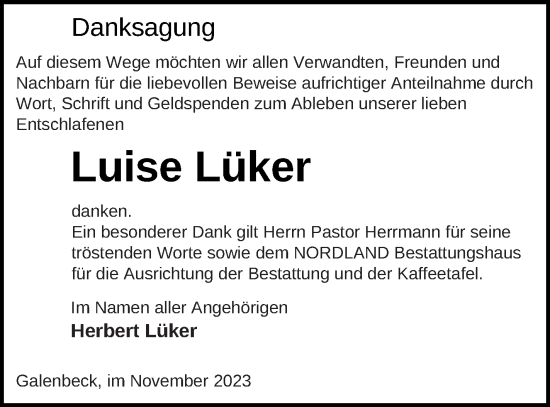 Traueranzeige von Luise Lüker von Mecklenburger Schweiz