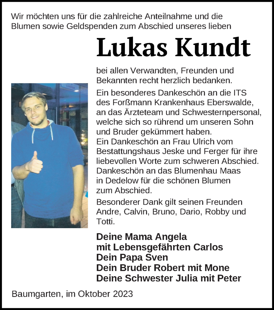  Traueranzeige für Lukas Kundt vom 04.11.2023 aus Prenzlauer Zeitung