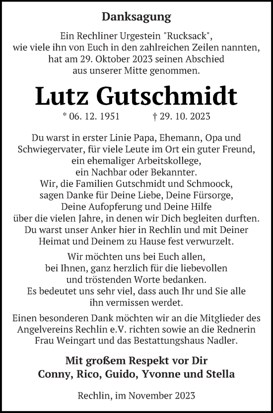 Traueranzeige von Lutz Gutschmidt von Müritz-Zeitung