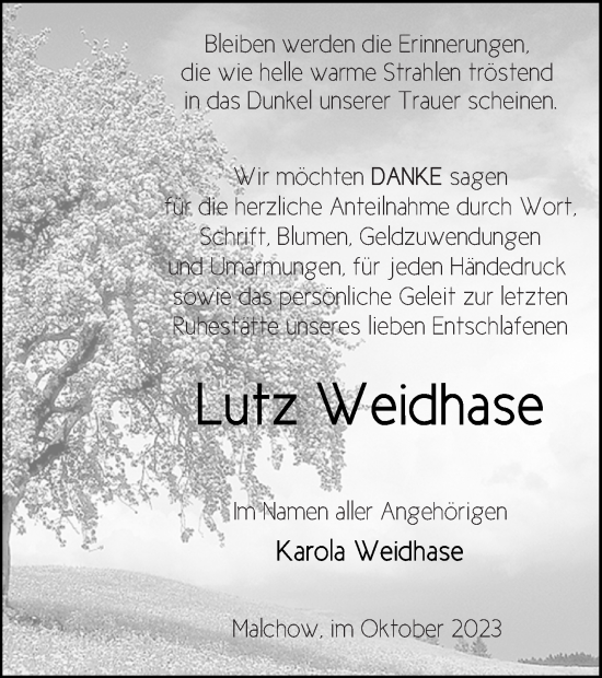 Traueranzeige von Lutz Weidhase von Müritz-Zeitung