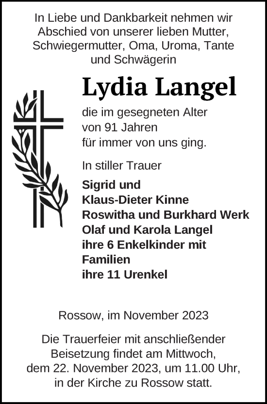 Traueranzeige von Lydia Langel von Neubrandenburger Zeitung