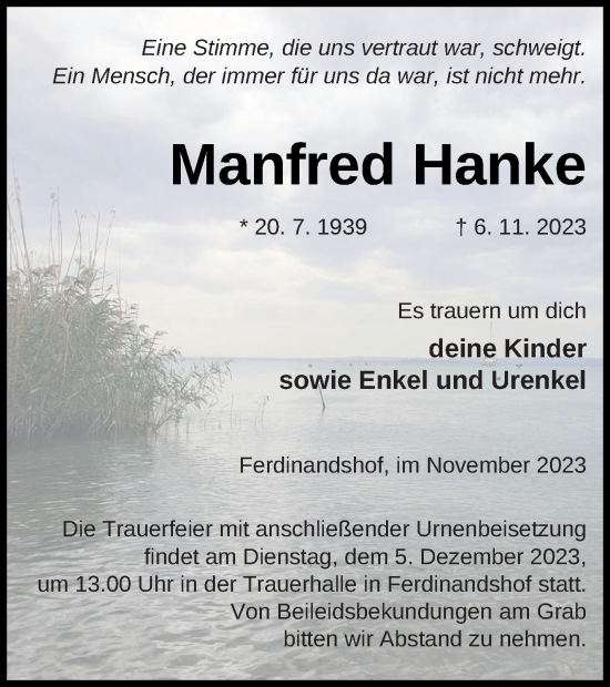 Traueranzeige von Manfred Hanke von Haff-Zeitung