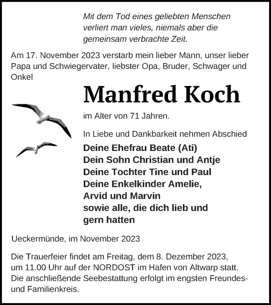 Traueranzeige von Manfred Koch von Haff-Zeitung