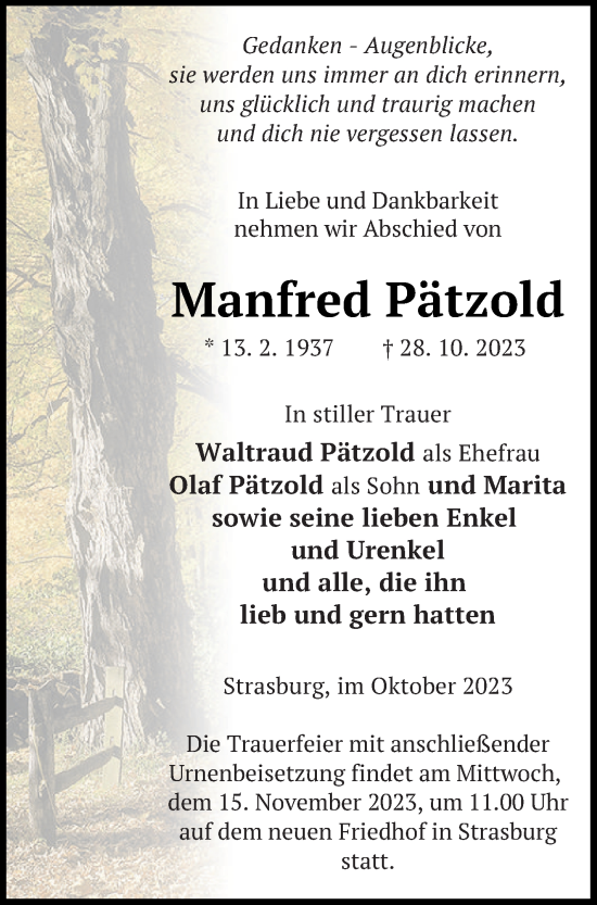 Traueranzeige von Manfred Pätzold von Pasewalker Zeitung