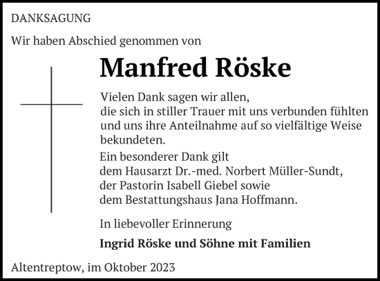 Traueranzeige von Manfred Röske von Neubrandenburger Zeitung