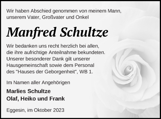Traueranzeige von Manfred Schultze von Haff-Zeitung