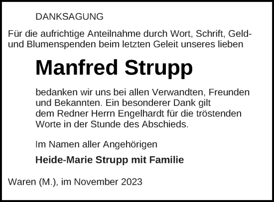 Traueranzeige von Manfred Strupp von Müritz-Zeitung