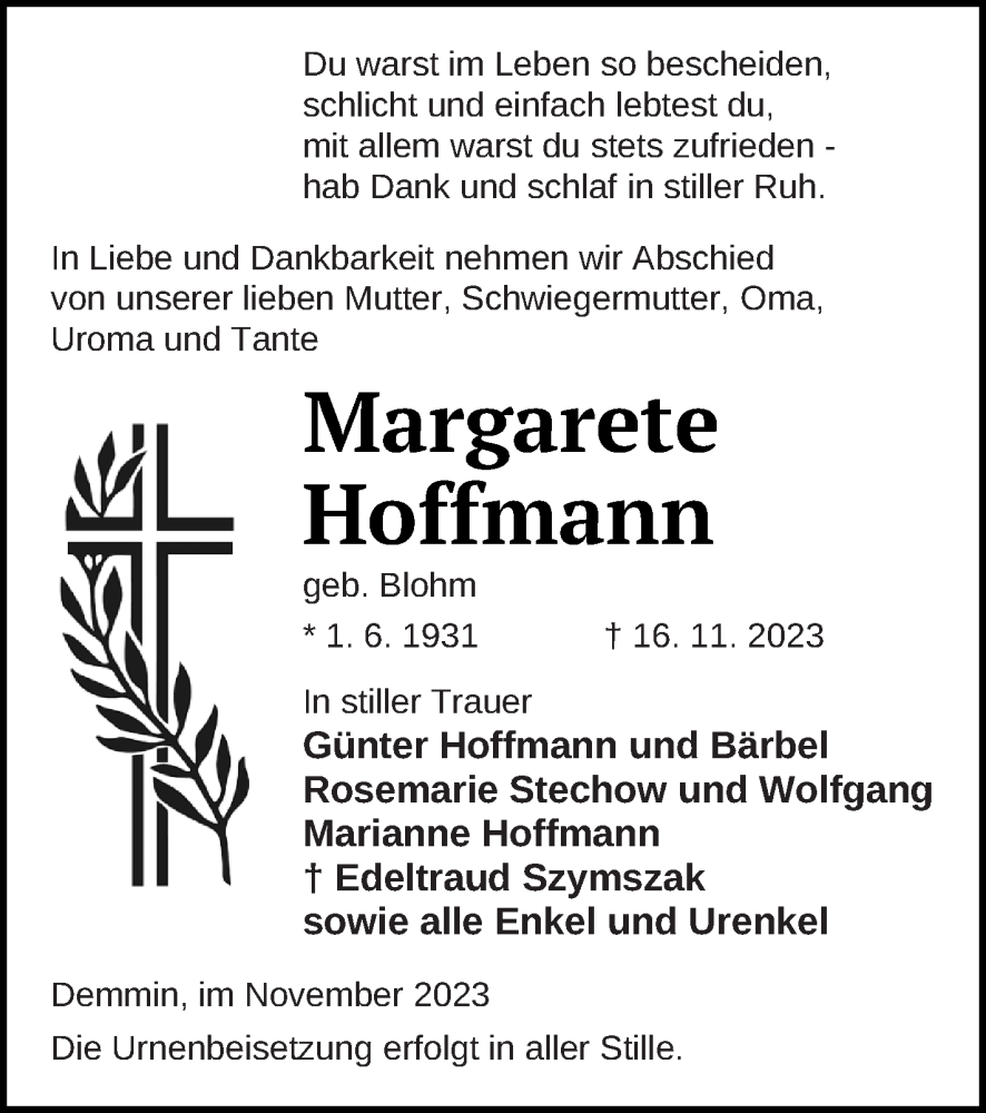  Traueranzeige für Margarete Hoffmann vom 22.11.2023 aus Demminer Zeitung