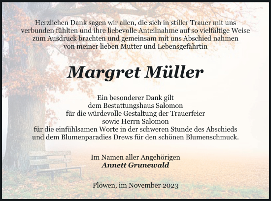 Traueranzeige von Margret Müller von Pasewalker Zeitung