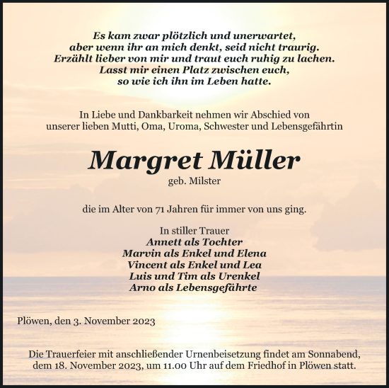 Traueranzeige von Margret Müller von Pasewalker Zeitung