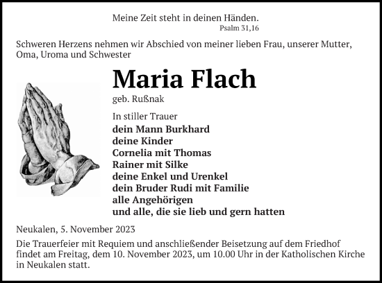 Traueranzeige von Maria Flach von Mecklenburger Schweiz