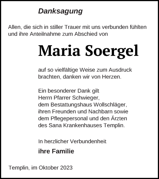 Traueranzeige von Maria Soergel von Templiner Zeitung