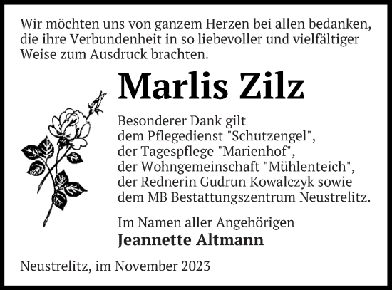 Traueranzeige von Marlis Zilz von Strelitzer Zeitung