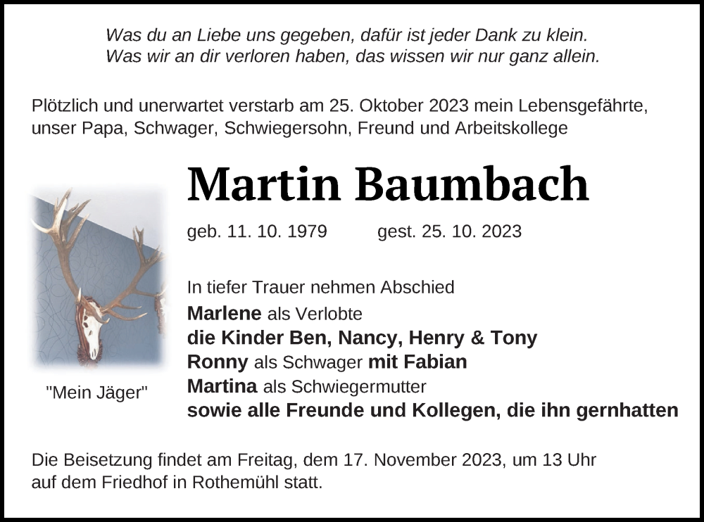  Traueranzeige für Martin Baumbach vom 03.11.2023 aus Neubrandenburger Zeitung