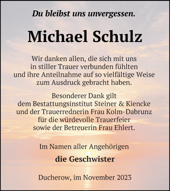 Traueranzeige von Michael Schulz von Vorpommern Kurier