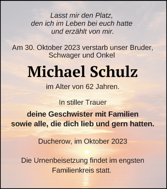 Traueranzeige von Michael Schulz von Vorpommern Kurier