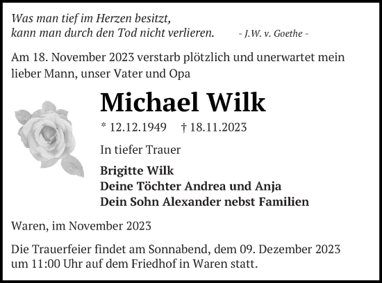Traueranzeige von Michael Wilk von Müritz-Zeitung