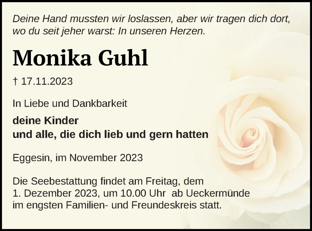  Traueranzeige für Monika Guhl vom 25.11.2023 aus Haff-Zeitung