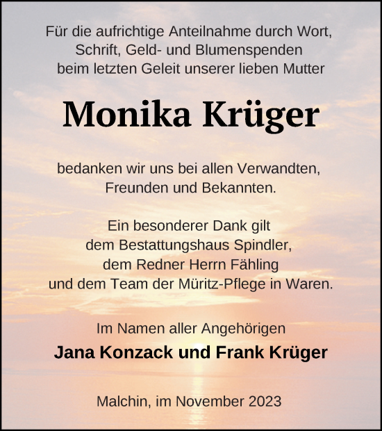 Traueranzeige von Monika Krüger von Mecklenburger Schweiz