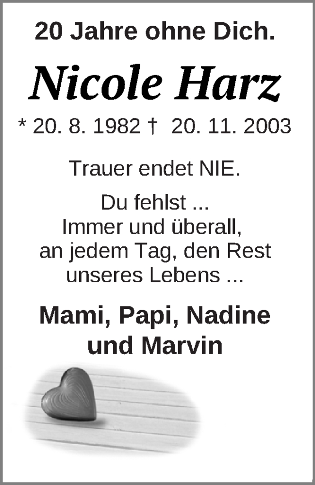 Traueranzeige für Nicole Harz vom 18.11.2023 aus Neubrandenburger Zeitung