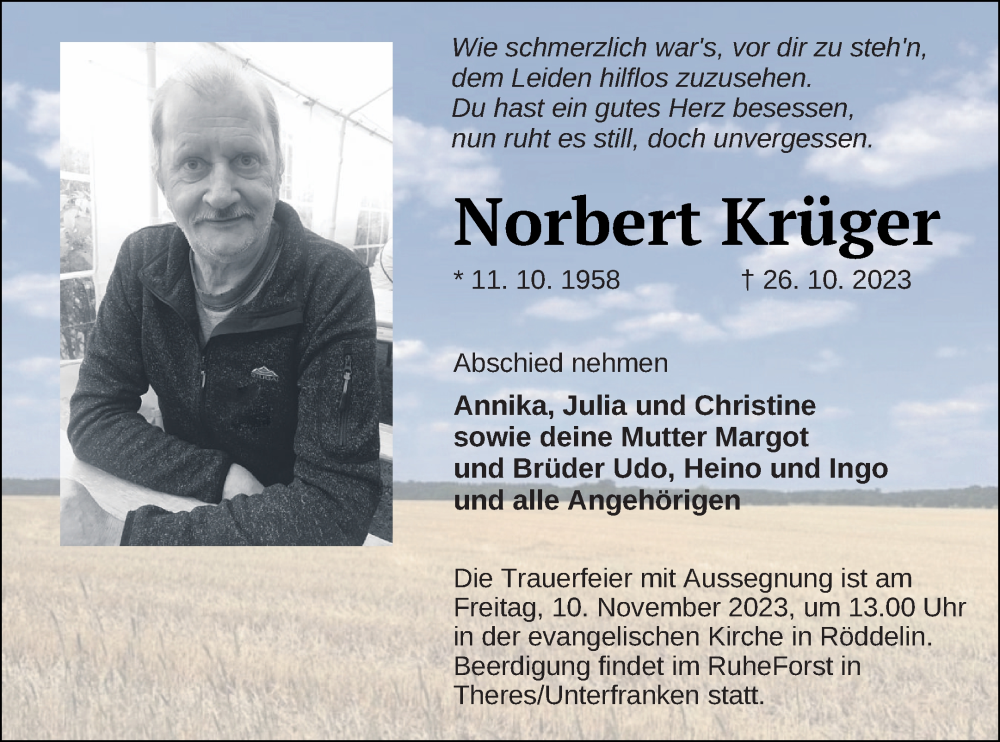  Traueranzeige für Norbert Krüger vom 03.11.2023 aus Templiner Zeitung
