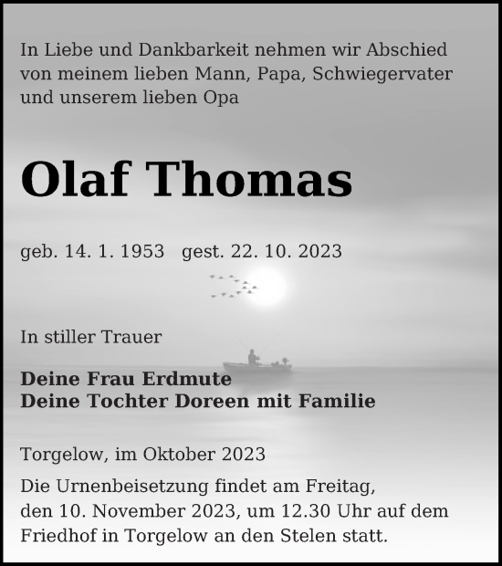 Traueranzeige von Olaf Thomas von Haff-Zeitung